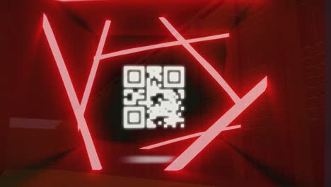 Animation-Von-Neon-QR-Code,-Der-Sich-Im-Roten-Digitalen-Raum-Bewegt