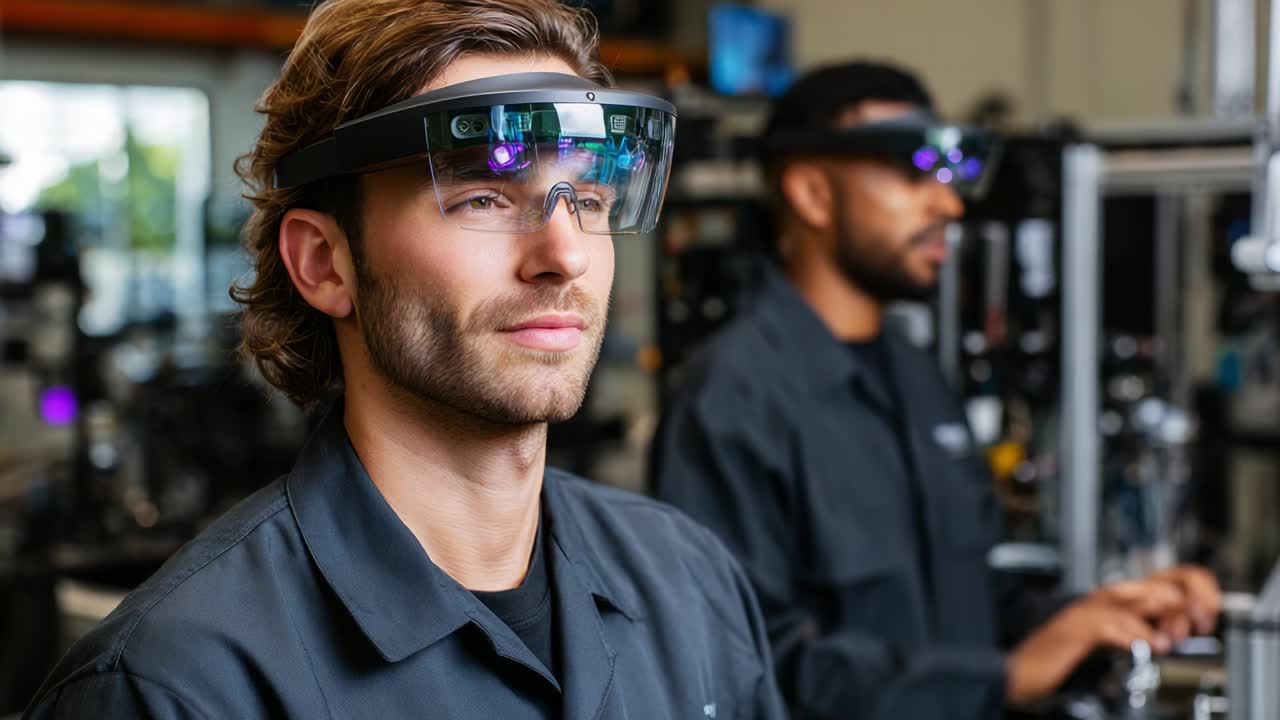 Focused individuals utilizing augmented reality technology in a modern workspace, showcasing innovation in visual interaction and collaboration between team members in a futuristic environment