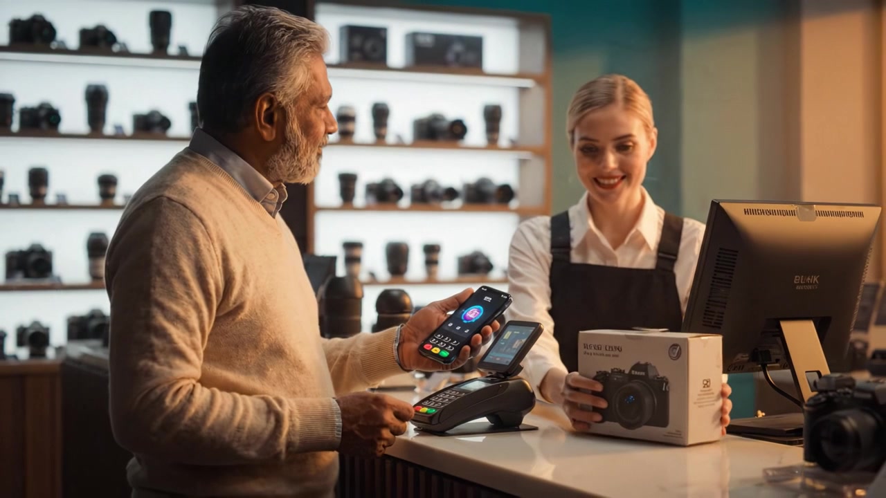 Cliente e commesso alla cassa di un negozio di tecnologia con pagamenti ed elettronica, focalizzati su fotocamere e acquisti.