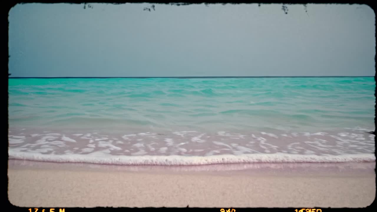 Vintage-style photo of a serene beach with gentle waves. The beach scene is calm and peaceful