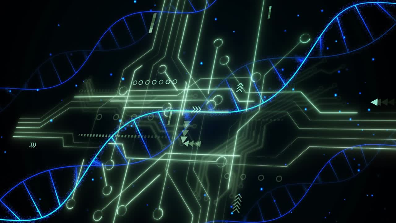 Opening scene unveiling green circuit pulsing nodes while blue helix winding grid showing data flow