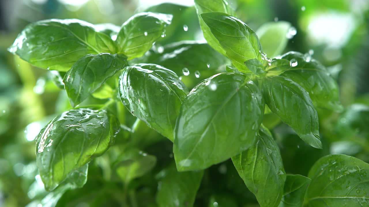 hierbas de albahaca regadas por la lluvia de primavera salpicando sus hojas verdes y carnosas - macro y cámara lenta