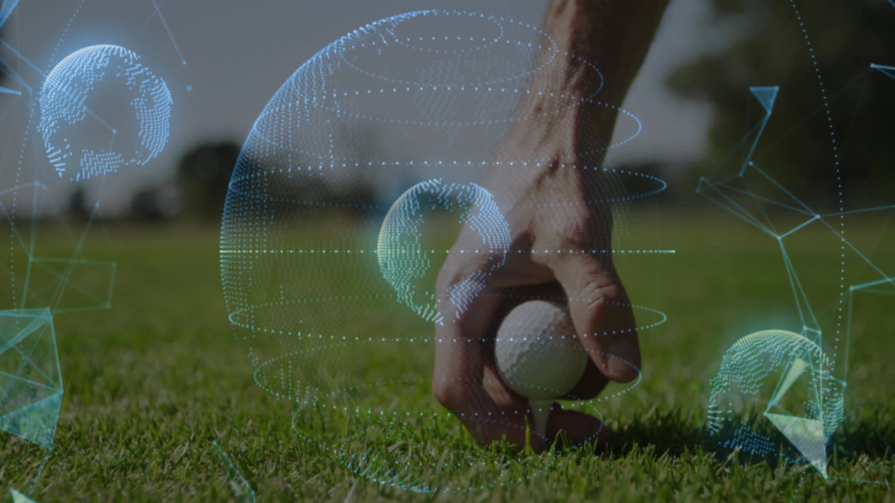 Male hand placing golf ball on putting green, showcasing sports technology with holographic globes
