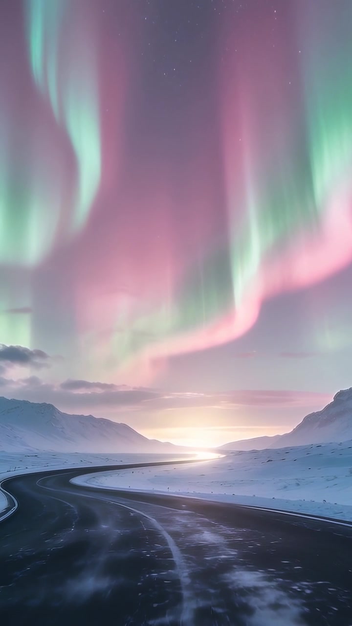 Video verticale: Una strada asfaltata tortuosa che si snoda in una valle innevata, con l'aurora che si sposta mentre l'orizzonte brilla.