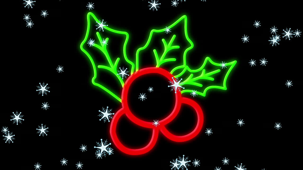 검은 바탕에 크리스마스 네온 장식 위에 내리는 눈의 애니메이션