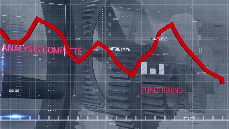 Animation of digital interface over red line data processing, and cogs moving