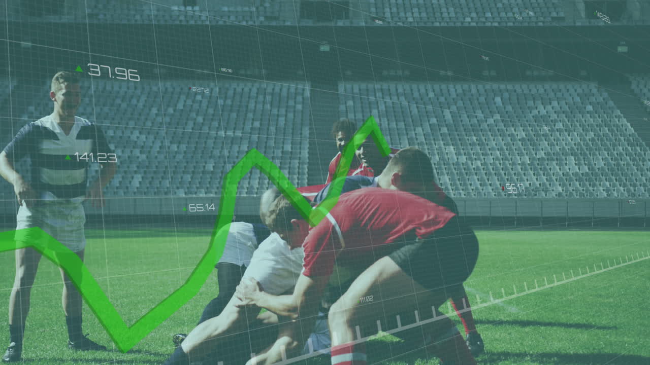 두 개의 다민족 럭비 팀이 럭비를 하는 그래프와 데이터의 애니메이션