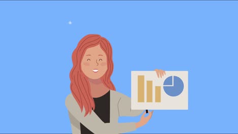 mujer joven con estadísticas animación gráfica
