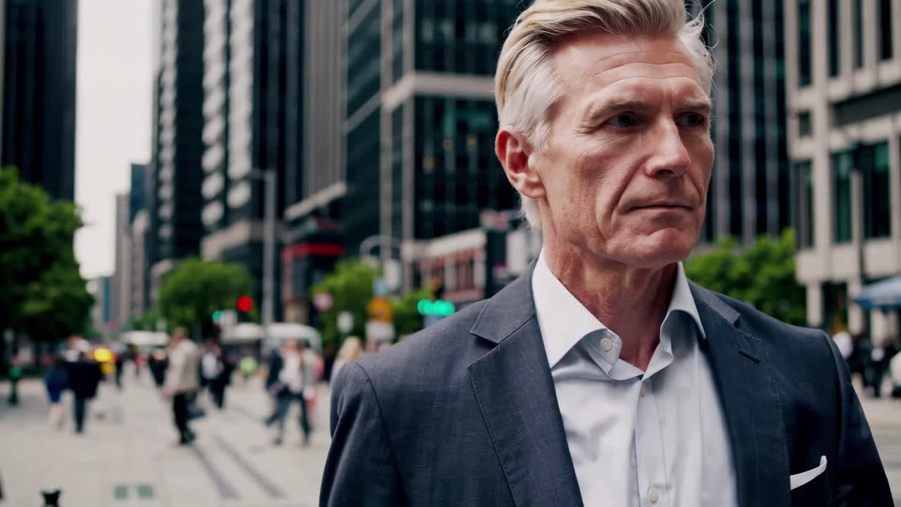 A video frame captures a confident man in a suit walking through a bustling city street