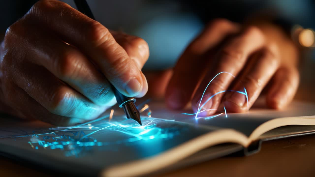 Exploring Creativity: A Close-Up of Hands Engaged in Artistic Writing with a Fountain Pen, Illuminating Blue Sparks on a Sketchbook in a Calm Workspace