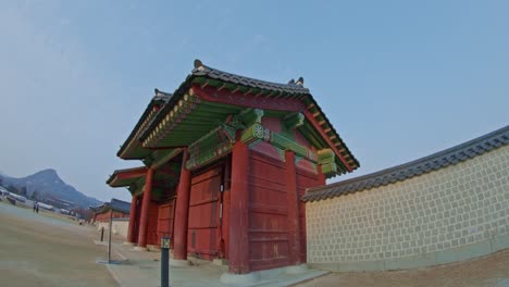 seoul palace korean traditional national heritage building construction in the city town urban street wide angle view