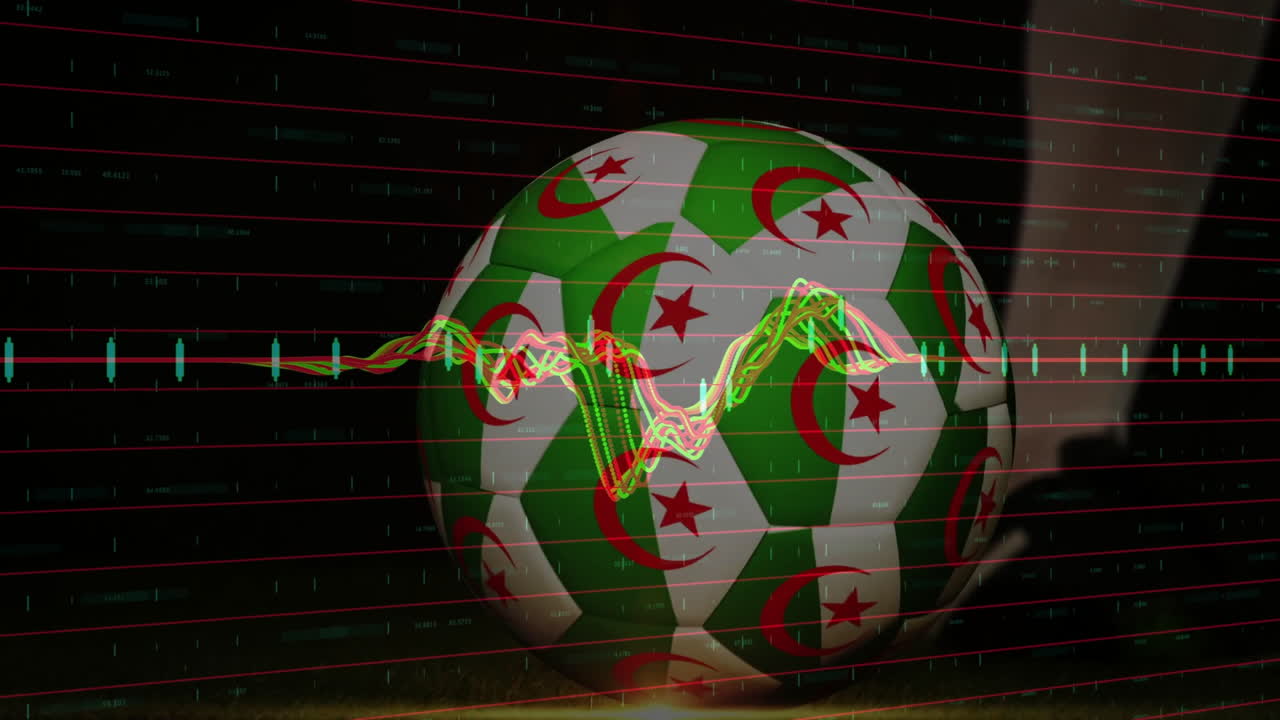 Algerian flag soccer ball with sound wave animation over dark background