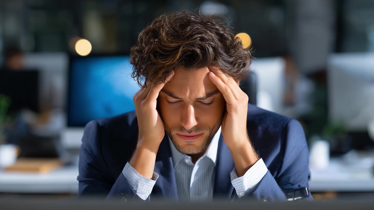 A man in formal attire expresses deep frustration and stress while facing a computer, highlighting the challenges of modern work environments and mental health issues.