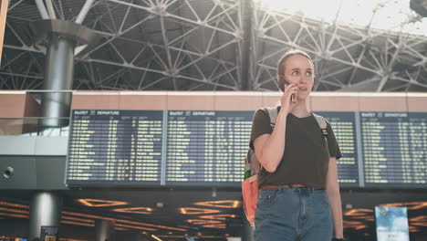 Parada-En-La-Pantalla-Con-Información-Sobre-La-Salida-Del-Avión-En-El-Aeropuerto,-Una-Joven-Con-Una-Mochila-Hablando-Por-Un-Teléfono-Móvil