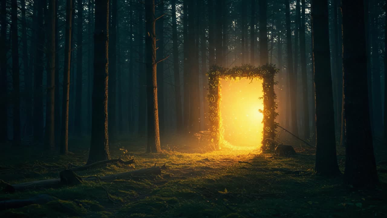 A Mysterious Portal Emitting Enigmatic Light Surrounded by a Dense, Majestic Forest Creating an Atmosphere of Intrigue and Wonder