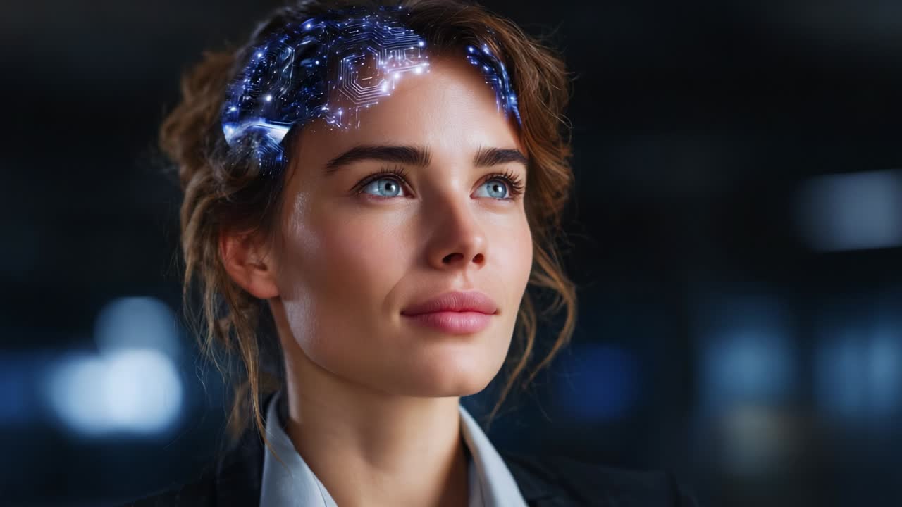 Illuminated Cognitive Pathways: A Surreal Exploration of a Young Woman's Intellect Represented by a Luminous Brain Visualization, Merging Technology and Human Insight in a Modern Setting