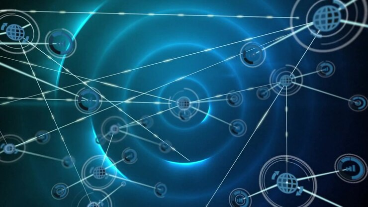 Animation of network of connections with icons over shapes on black background