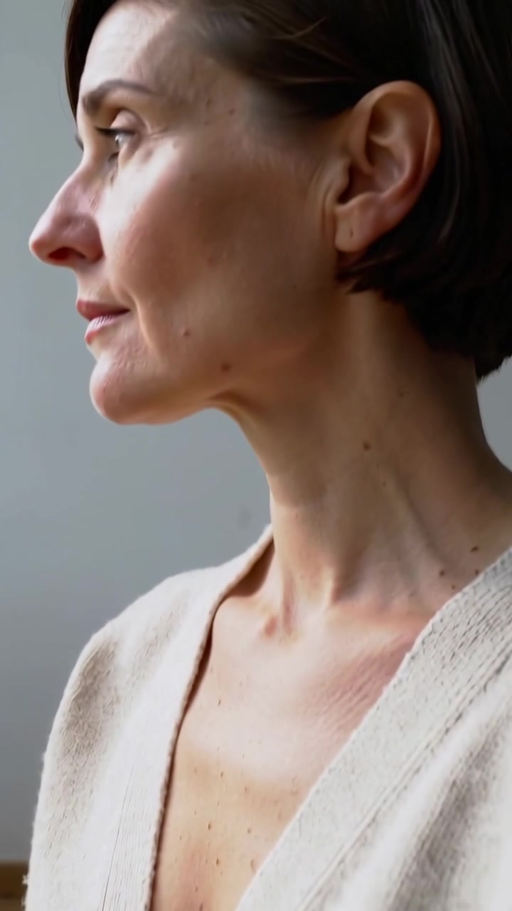 Video verticale: Telecamera in movimento che inquadra una donna che sistema il cardigan e gira la testa a casa, in cerca di comfort.