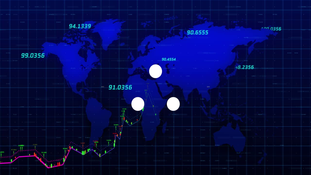 Animation of white spots over financial data processing and world map