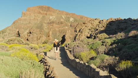 Rückaufnahme-Eines-Mädchens,-Das-Sich-An-Einem-Sommertag-In-Der-Zerklüfteten-Landschaft-Des-Teide-Auf-Teneriffa-Wundert