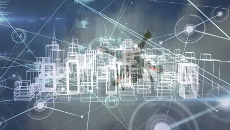 animación de la red de conexiones con la ciudad digital a través de drones.