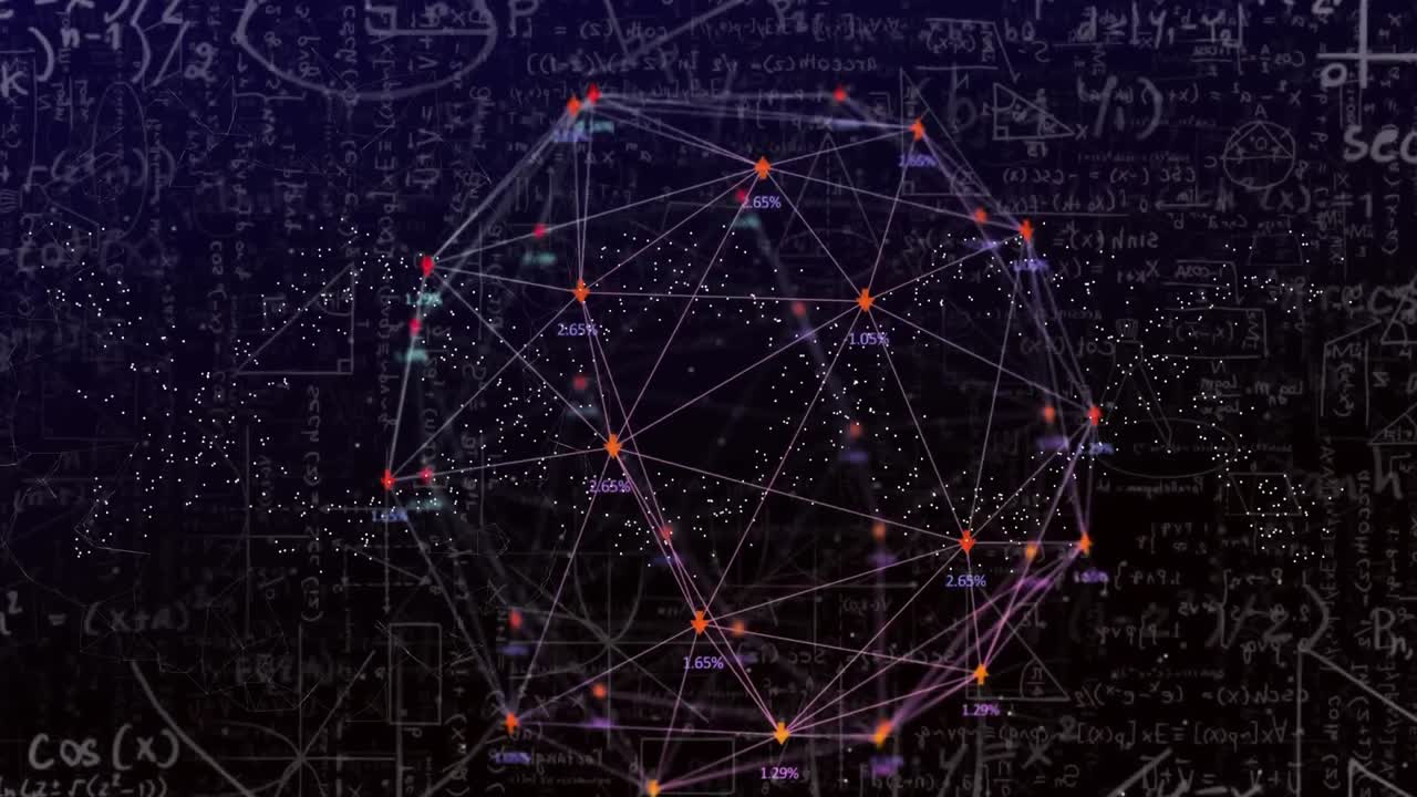 Animation of networks of connections, mathematical equations and dna strand over black background