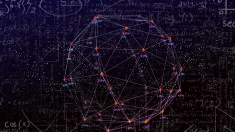 Animation of networks of connections, mathematical equations and dna strand over black background