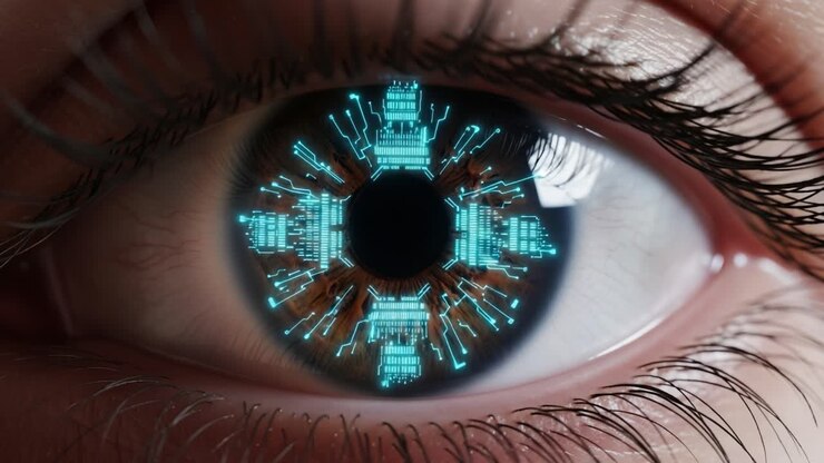 Esplorando l'affascinante intersezione tra tecnologia e visione: un viaggio attraverso immagini futuristiche dell'occhio che raffigurano intricati pattern digitali ed emozione umana.