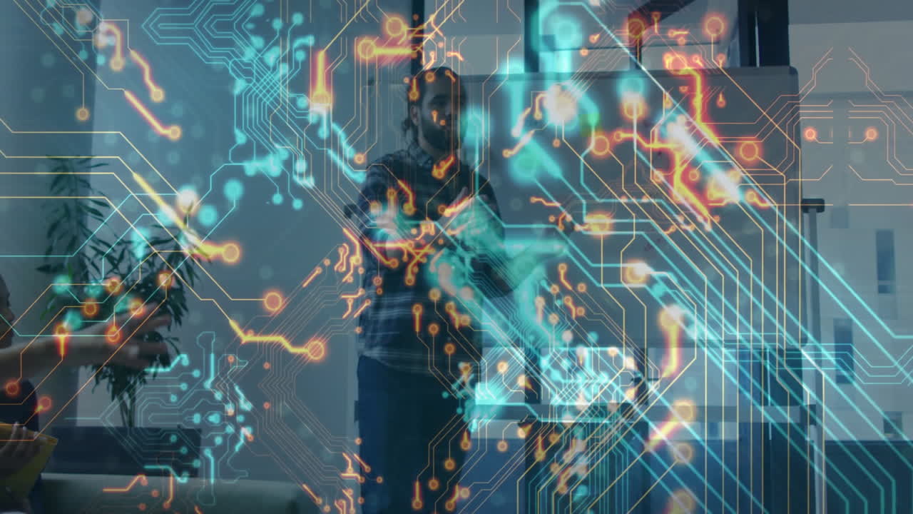 Man presenting holographic circuit data pathways in technology office using laptop near plant