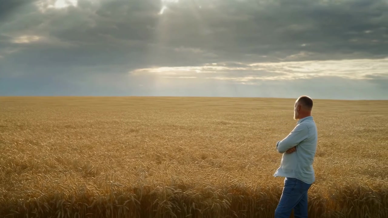 Un uomo adulto è in piedi di profilo con le braccia incrociate sul lato destro di un'ampia scena rurale, che osserva un vasto campo di grano maturo sotto una copertura nuvolosa drammatica e una luce solare calda, con grano, campo, uomo