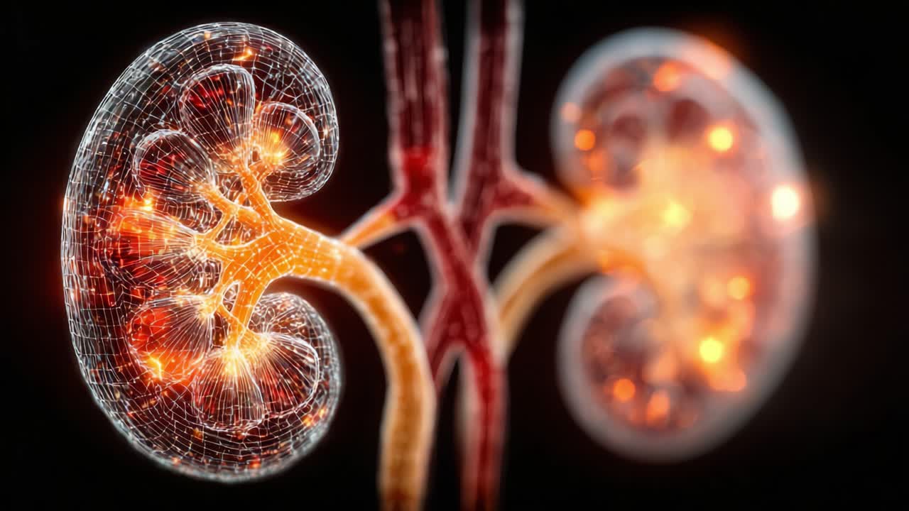 Illustrative Depiction of Human Kidneys with Glowing Vascular Network, Showcasing Anatomical and Functional Aspects in an Artistic Representation of Organ Systems