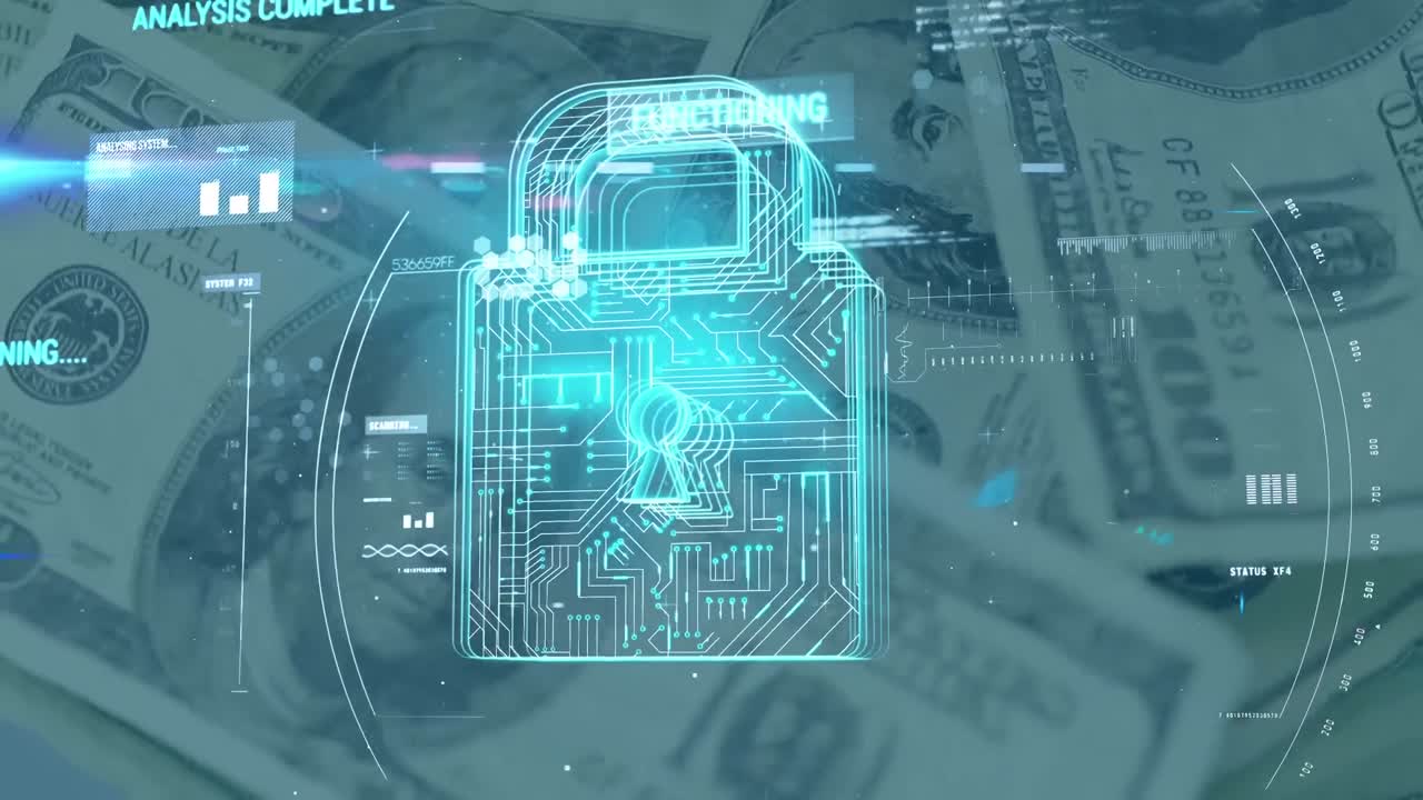 escaneo de alcance icono de candado de seguridad contra dólares estadounidenses girando