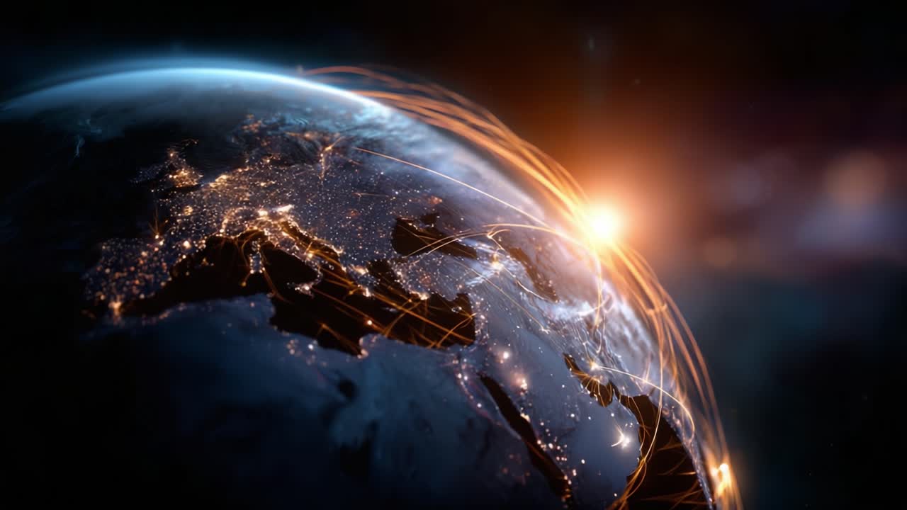 Terra illuminata nello spazio: un'immagine affascinante del nostro pianeta con luci connesse e un sole nascente sull'Europa e l'Asia al crepuscolo e all'alba in alta definizione