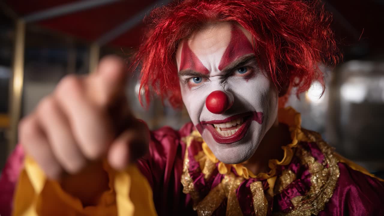 Intense Circus Performer: A Close-Up of a Clown with Wild Hair and Bold Makeup, Expressing Emotion and Energy in a Dramatic Setting, Capturing the Spirit of Performance