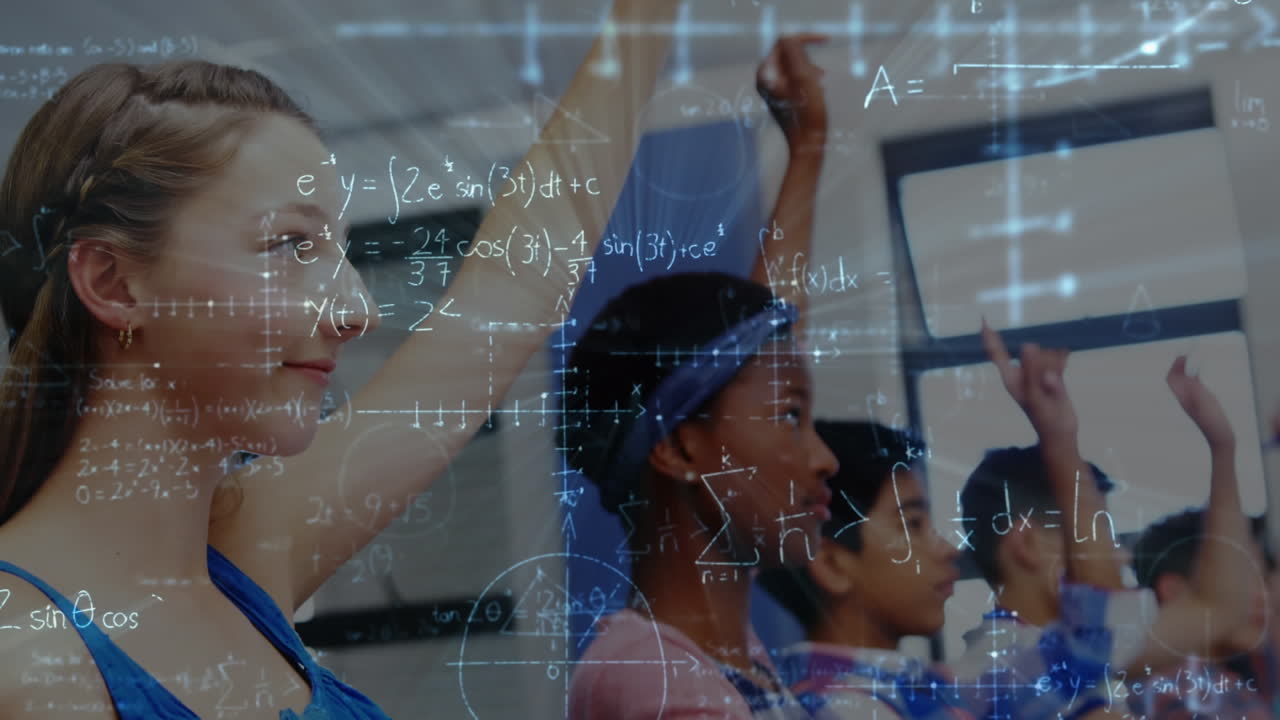 ecuaciones matemáticas contra diversos estudiantes levantando la mano en clase en la escuela primaria