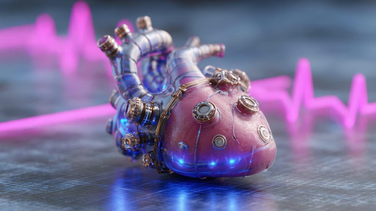 A Futuristic Cybernetic Heart Form with Intricate Details and Bio-luminescent Features, Set Against a Soft Neon Pulse Wave Background for a High-Tech Aesthetic