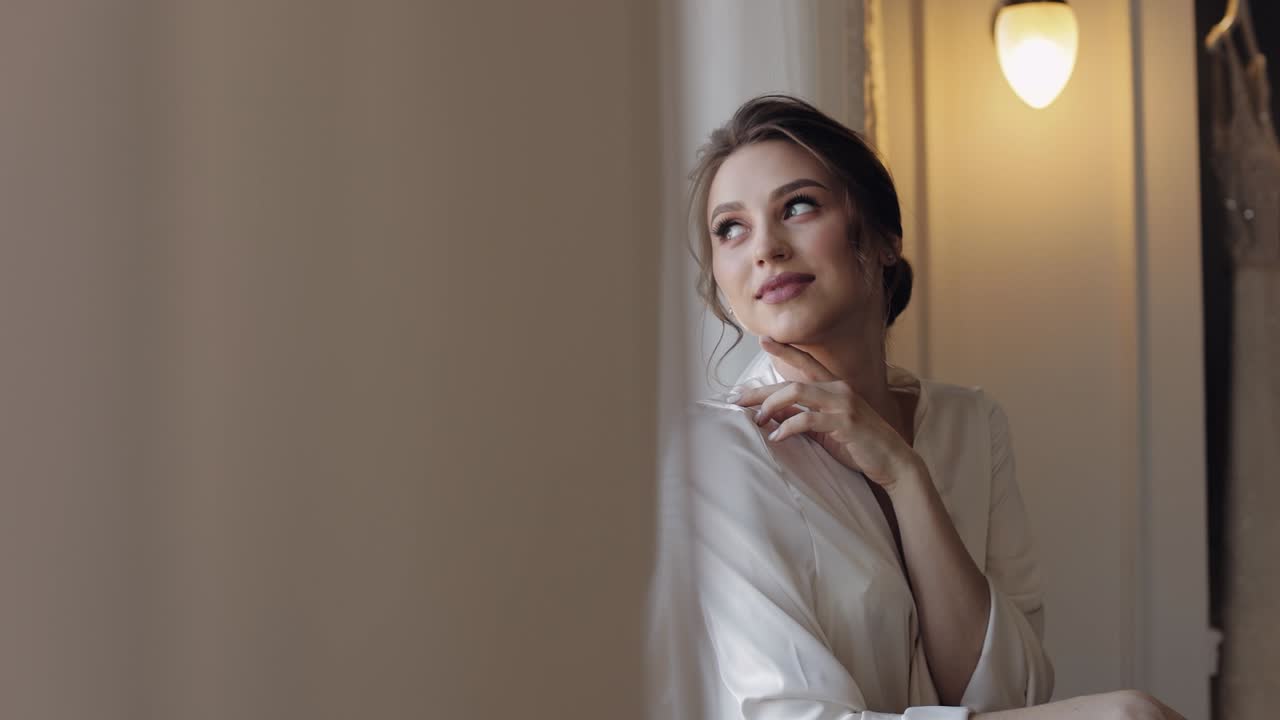 Bella Donna in Vestaglia di Seta Bianca in Posa Accanto alla Finestra