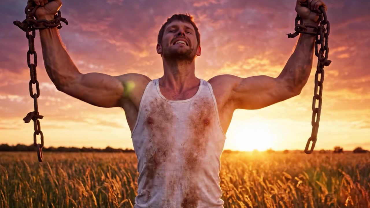 Un uomo determinato tiene trionfante delle catene sopra la testa contro un bellissimo tramonto, catturando un senso di forza, resilienza e trasformazione in un campo aperto.