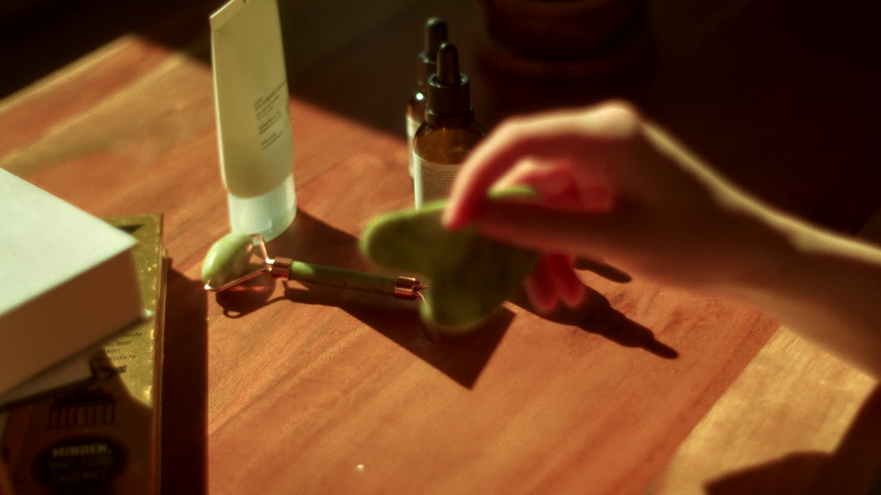 Hand using jade roller and skincare products