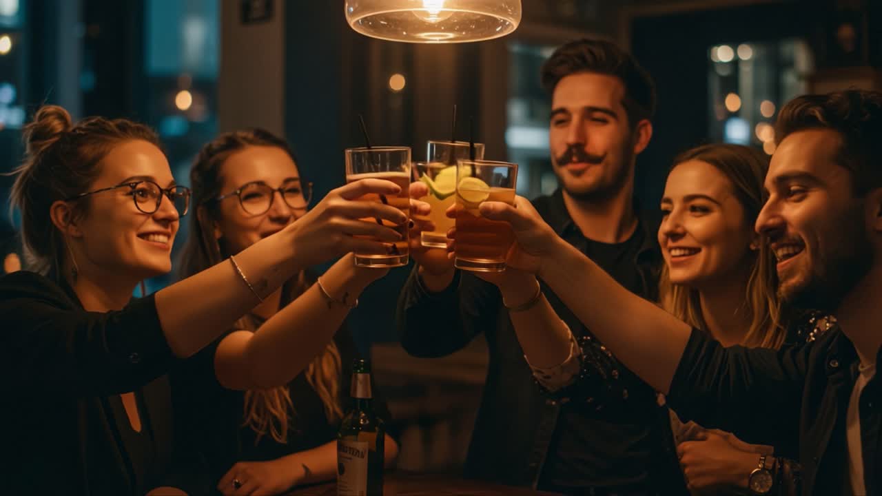 Celebrating Friendship and Togetherness: A Joyful Toast Among Friends in a Cozy Bar Setting, Embracing Life's Moments with Laughter and Cheers