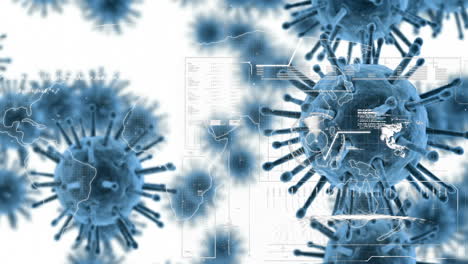 células de coronavirus que se propagan con el mapa del mundo y el procesamiento de datos