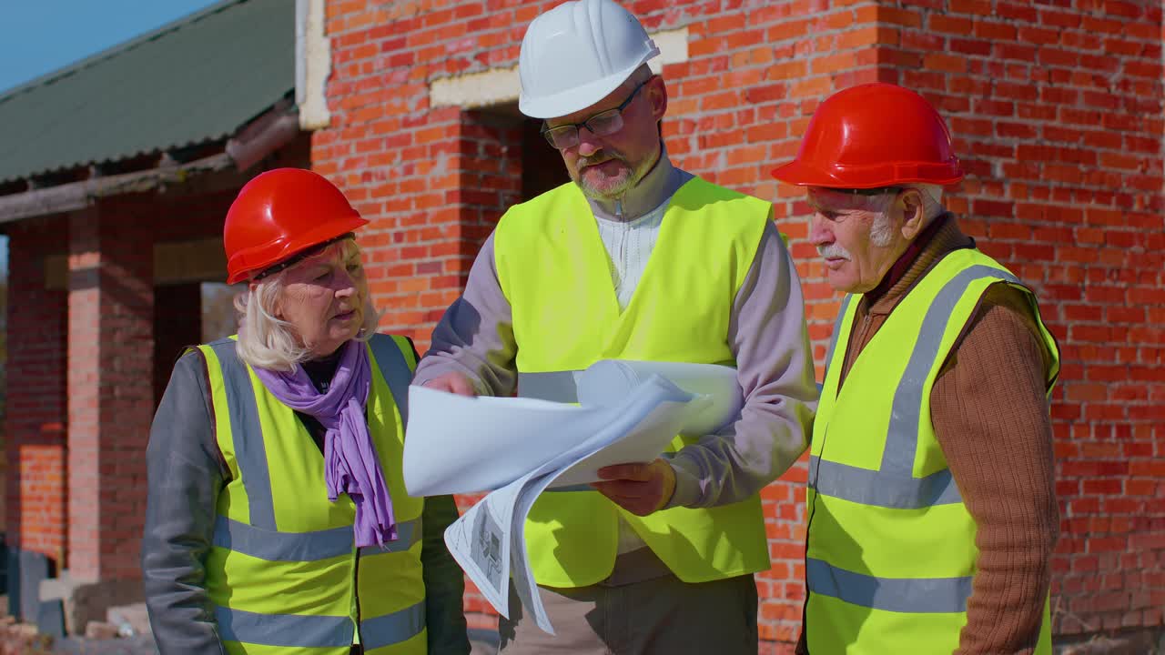 agente inmobiliario vendiendo una casa nueva a un abuelo mayor, mostrando planos de construcción
