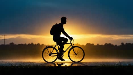 a lone cyclist braving the rain: capturing the beauty of a sunset amidst a downpour, embodying adventure and resilience in nature's elements