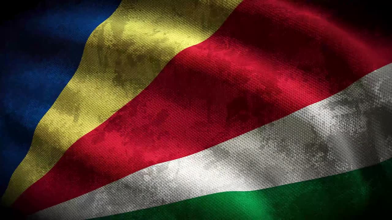 60 fps bandera de las seychelles de grunge oscuro con textura de tela en mal estado ondeando, animación de bucle sin costuras en 4k 3d