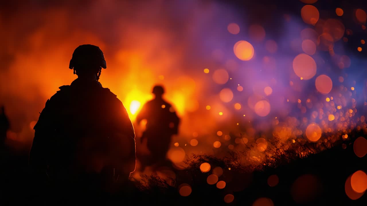 A soldier stands silhouetted against a backdrop of vivid flames and swirling embers, capturing the intensity and chaos of battle, as comrades move through a fiery landscape, reflective of war's turmoil