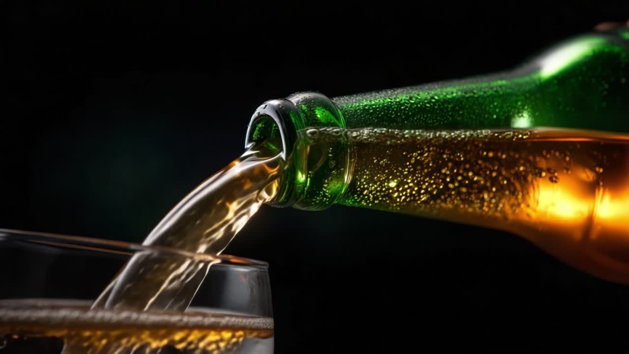 Refrescante bebida dorada vertiéndose de una botella verde en un vaso con burbujas y efervescencia, capturando la esencia de una experiencia de bebida fresca.