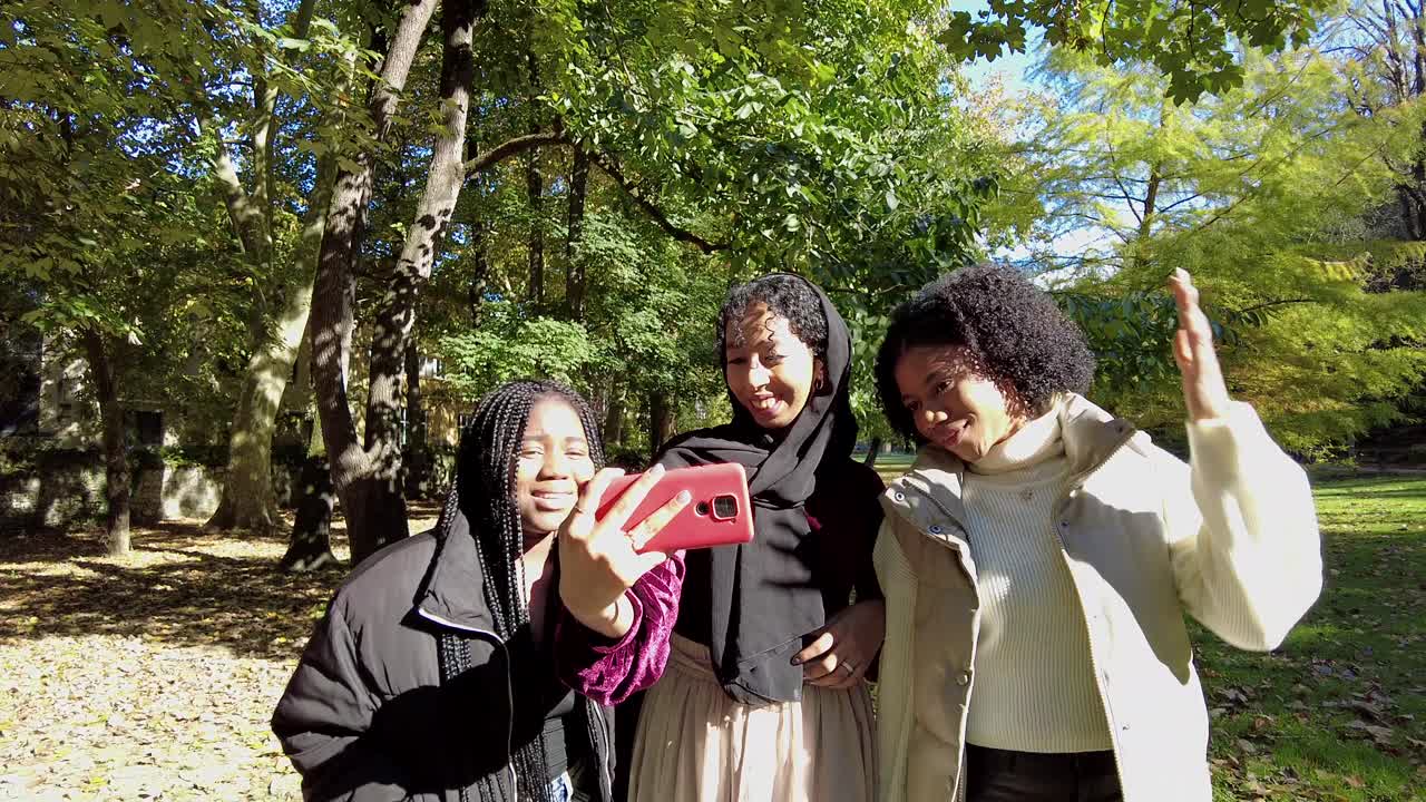 Group of Friends Taking Selfies in the Park