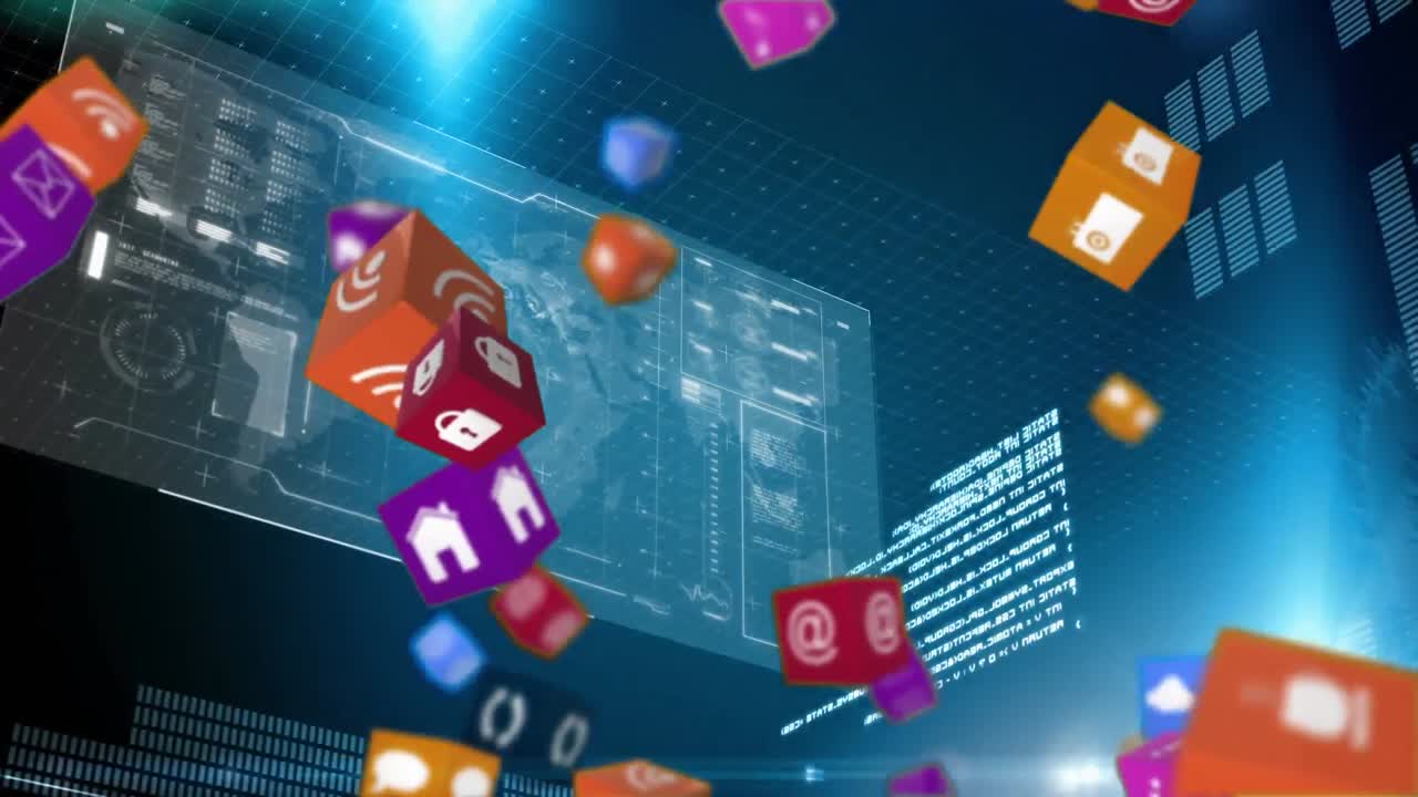 데이터가 뒤로 이동하는 동안 아이콘이 떨어지는 다채로운 큐브