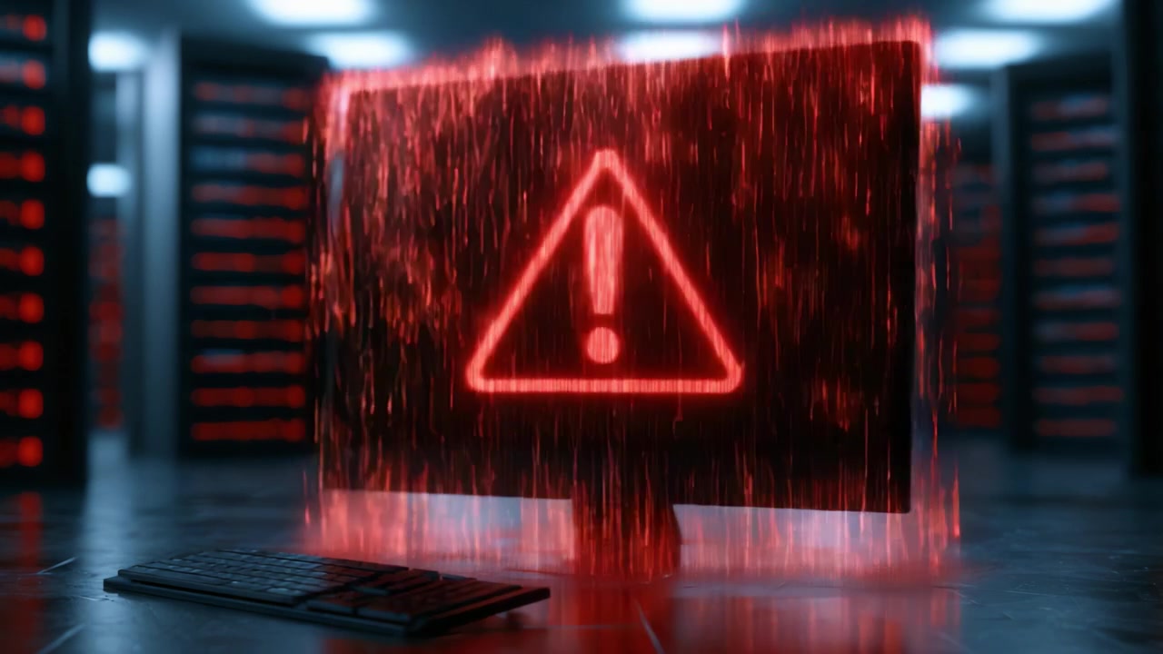 A vivid representation of a computer system showing a critical alert on the screen, surrounded by digital glitch effects, emphasizing issues in network security and system operations.