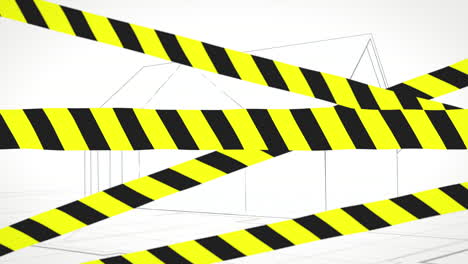 Black-and-yellow-caution-tape-in-front-of-drawing-of-new-home,-construction-site,-blueprint